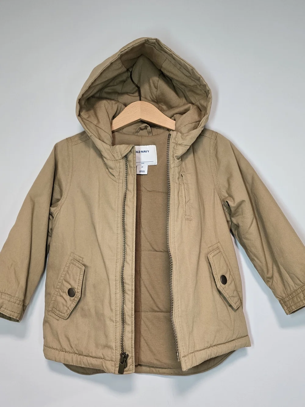Old Navy Kids' Hooded Jacket in Khaki, Lightweight Warm Fall Style.